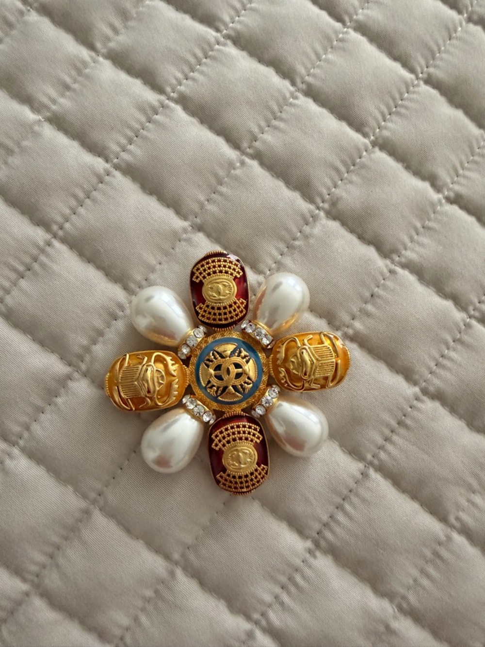 Gold-Tone Pearl and Enamel Floral Brooch with Navy Center